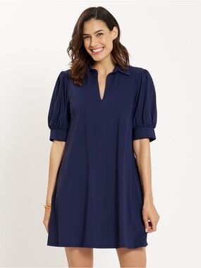 Jude Connally Emerson Dress Navy Puff Sleeve Lightweight Jude Cloth.   18